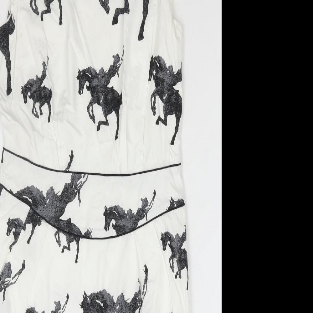 Emily and Fin Womens White Geometric Cotton Pencil Dress Size M Round Neck Zip - Horse Print