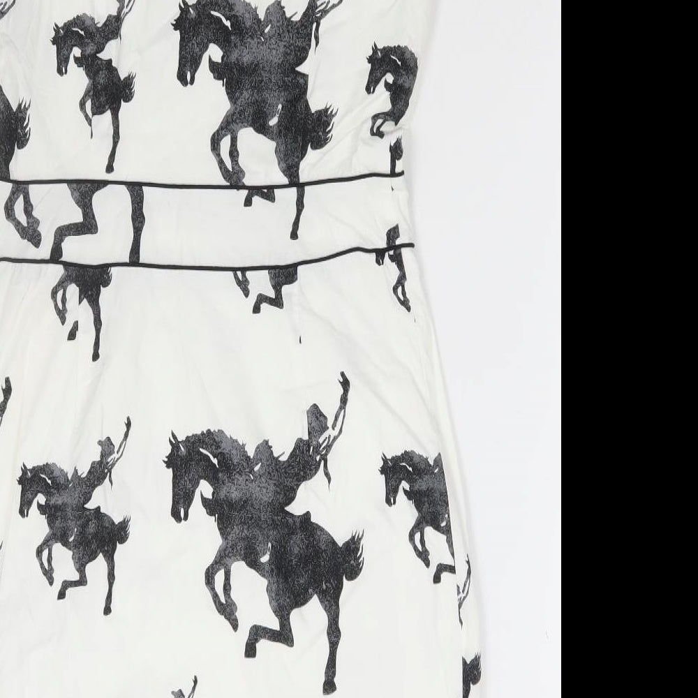 Emily and Fin Womens White Geometric Cotton Pencil Dress Size M Round Neck Zip - Horse Print