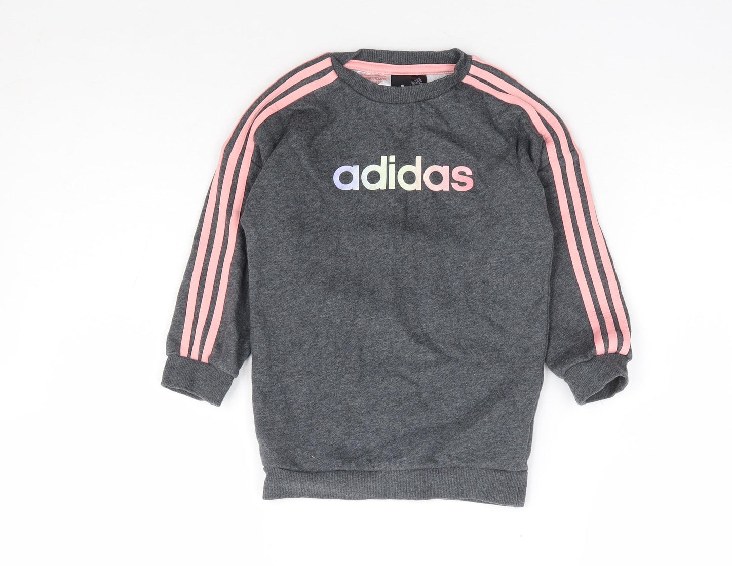 adidas Girls Grey Cotton Jumper Dress Size 2-3 Years Crew Neck Pullover