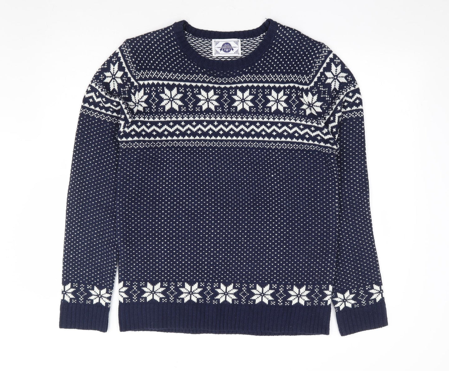 Seasons Greetings Mens Blue Round Neck Fair Isle Acrylic Pullover Jumper Size L - Christmas