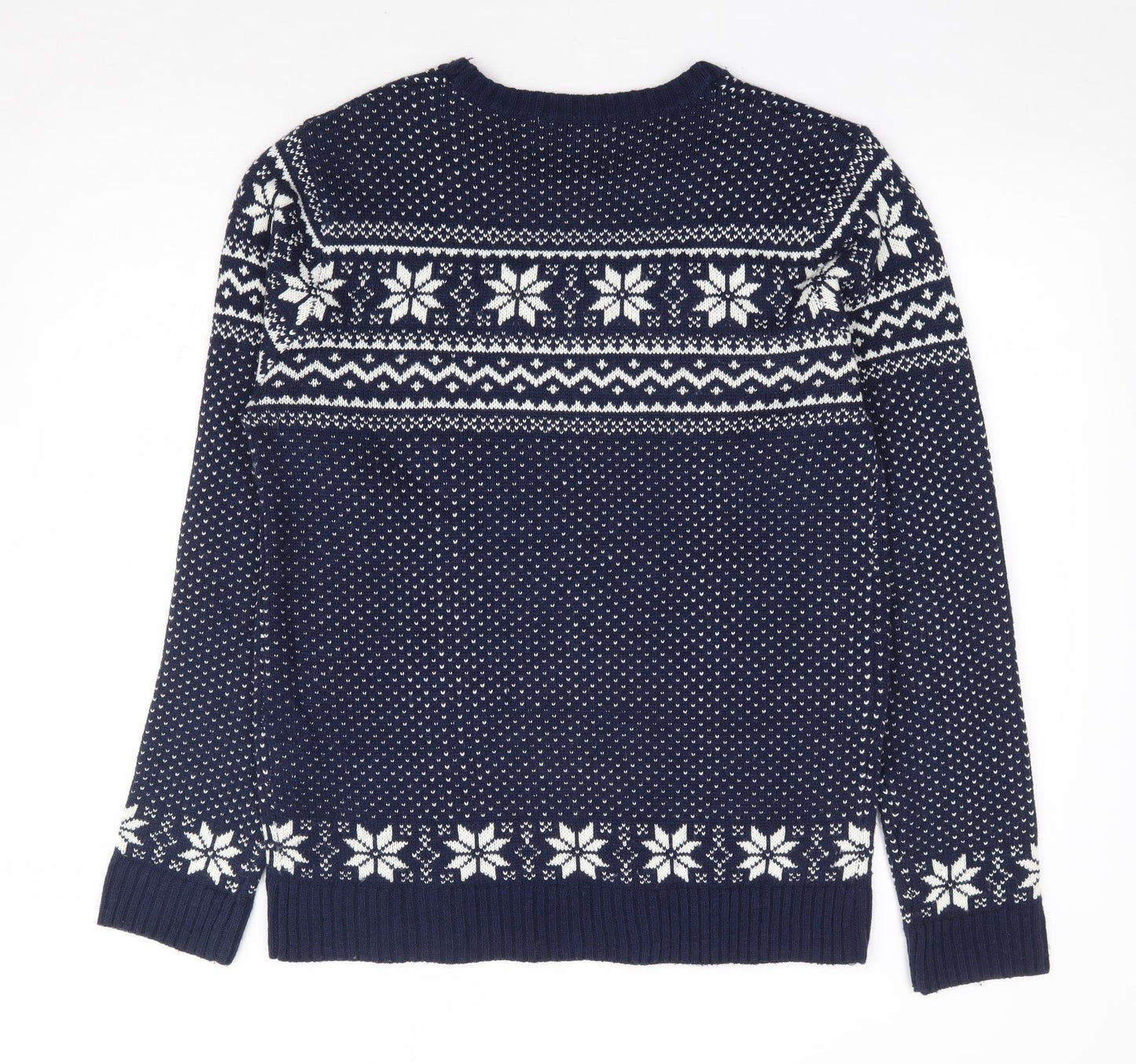Seasons Greetings Mens Blue Round Neck Fair Isle Acrylic Pullover Jumper Size L - Christmas