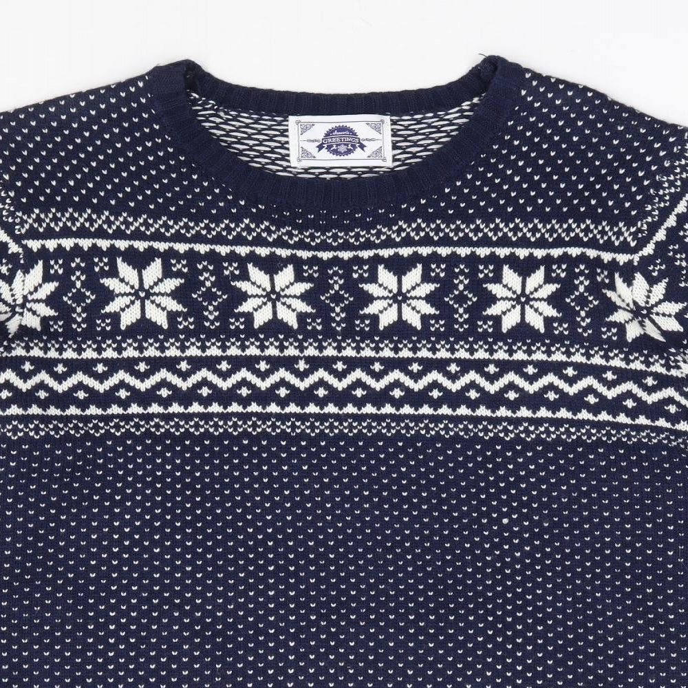Seasons Greetings Mens Blue Round Neck Fair Isle Acrylic Pullover Jumper Size L - Christmas