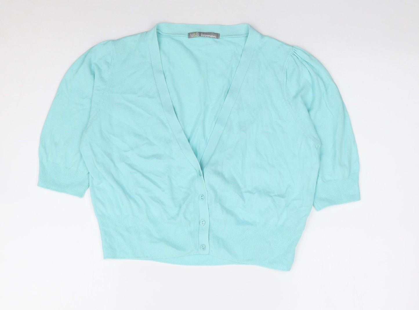 Marks and Spencer Womens Blue V-Neck 100% Cotton Cardigan Jumper Size 16
