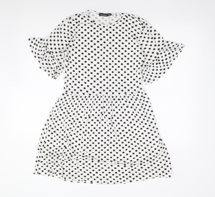 Boohoo Womens White Polka Dot Viscose Fit & Flare Size 6 Round Neck Pullover