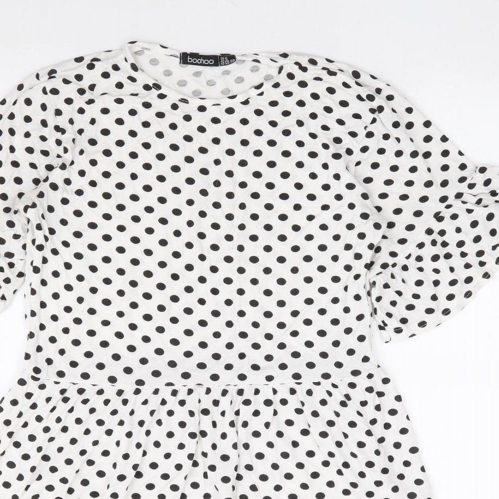 Boohoo Womens White Polka Dot Viscose Fit & Flare Size 6 Round Neck Pullover