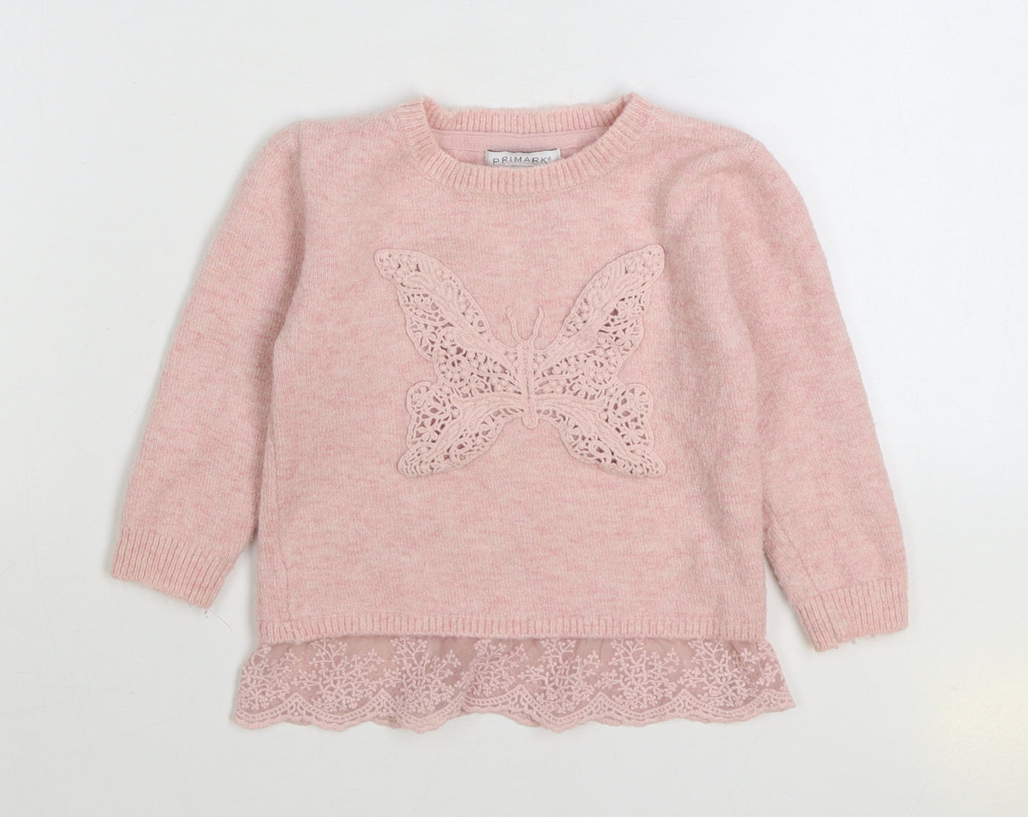 Primark Girls Pink Round Neck Acrylic Pullover Jumper Size 3-4 Years Pullover - Lace Trim Butterfly