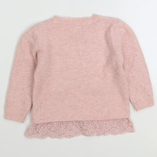 Primark Girls Pink Round Neck Acrylic Pullover Jumper Size 3-4 Years Pullover - Lace Trim Butterfly