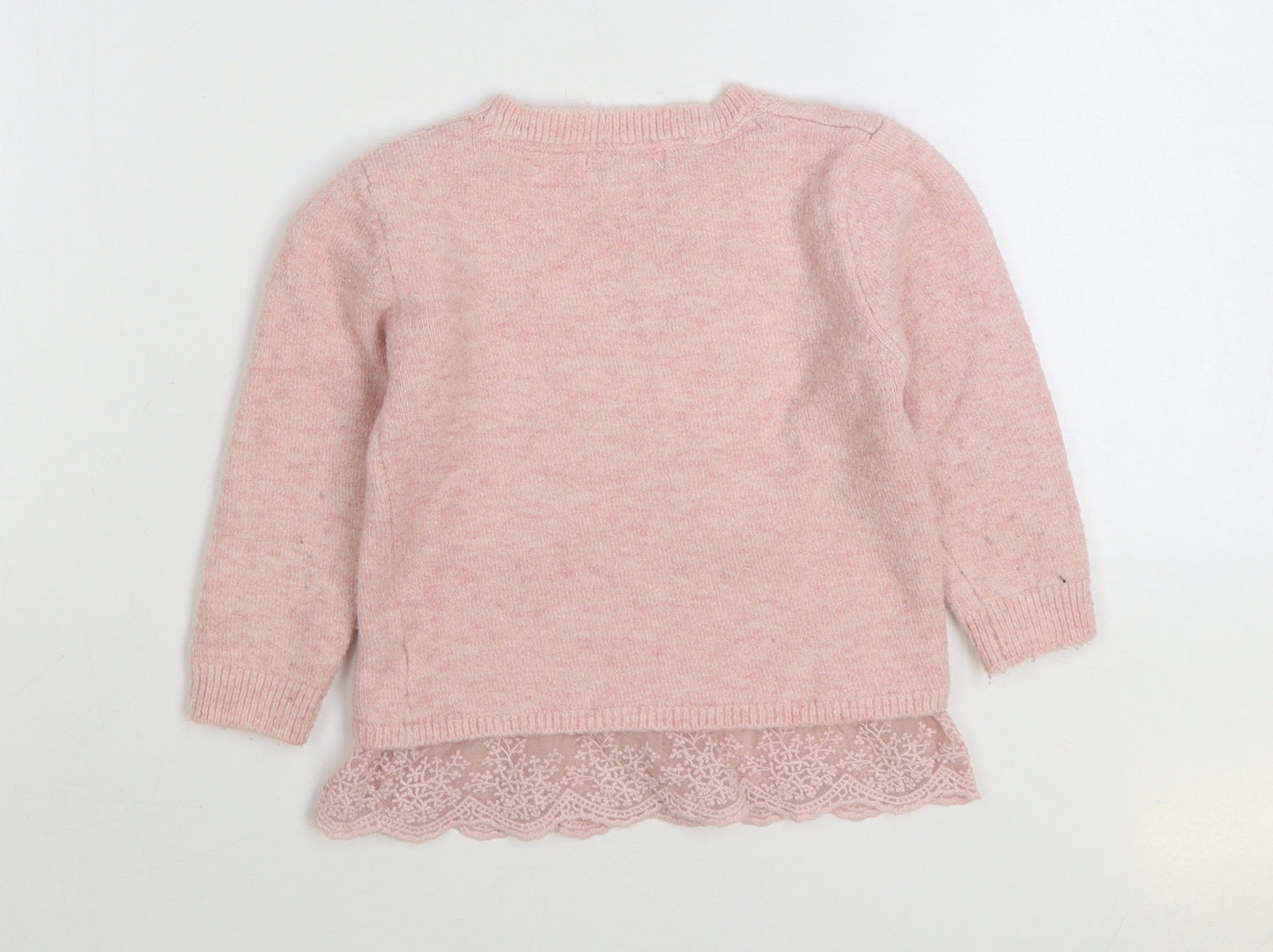 Primark Girls Pink Round Neck Acrylic Pullover Jumper Size 3-4 Years Pullover - Lace Trim Butterfly