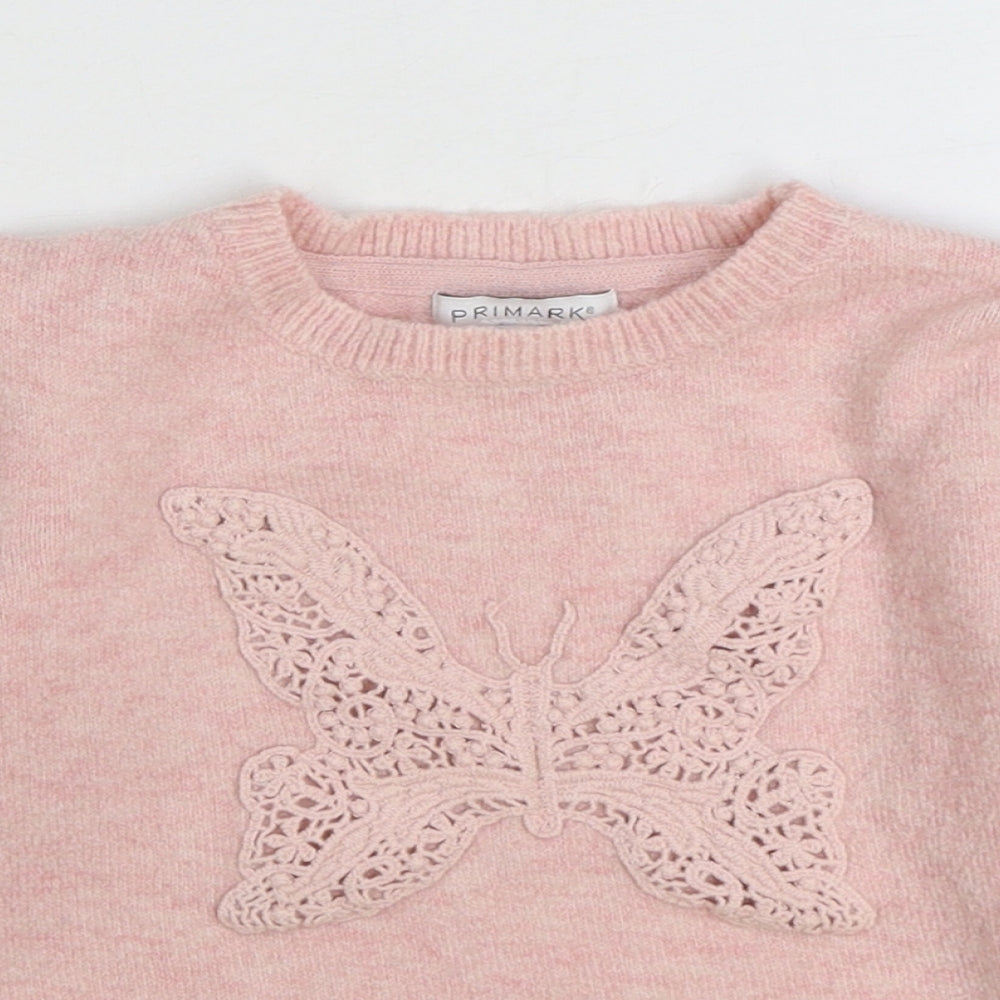 Primark Girls Pink Round Neck Acrylic Pullover Jumper Size 3-4 Years Pullover - Lace Trim Butterfly