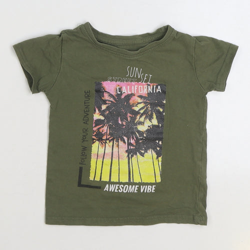 Dunnes Stores Boys Green 100% Cotton Basic T-Shirt Size 2 Years Round Neck Pullover - Slogan Palm Tress