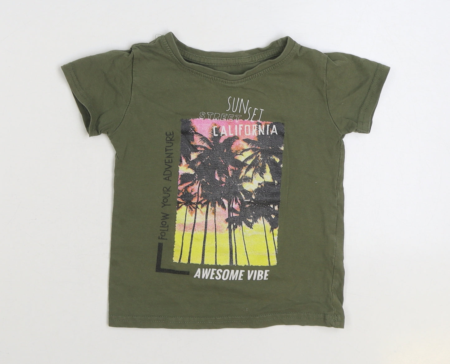 Dunnes Stores Boys Green 100% Cotton Basic T-Shirt Size 2 Years Round Neck Pullover - Slogan Palm Tress
