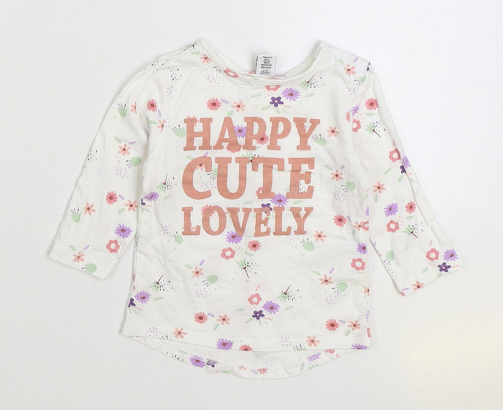 Dopo Dopo Girls White Floral Cotton Basic T-Shirt Size 6-9 Months Round Neck Snap - Happy Cute Lovely