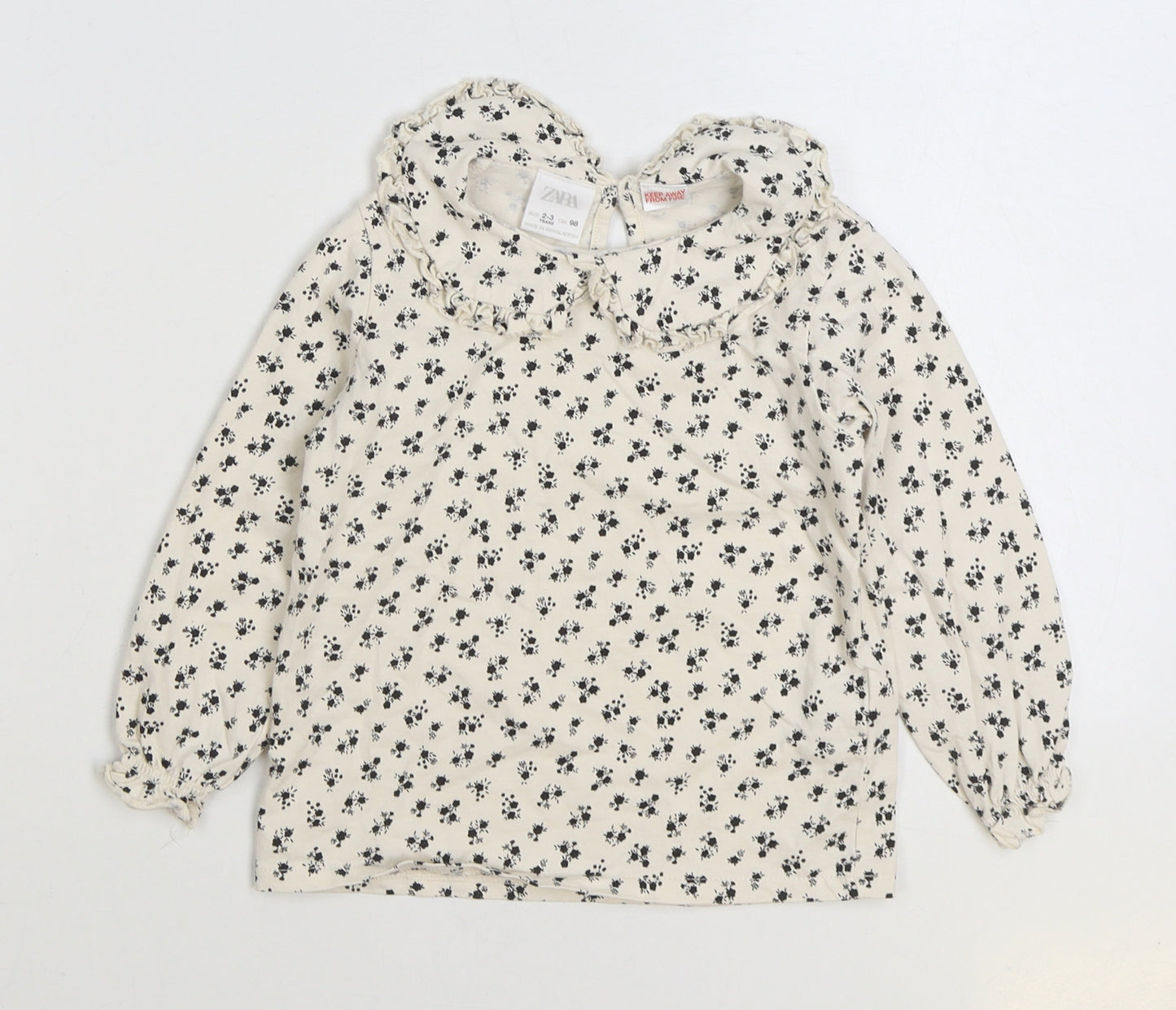 Zara Girls White Floral Cotton Basic Blouse Size 2-3 Years Collared Button