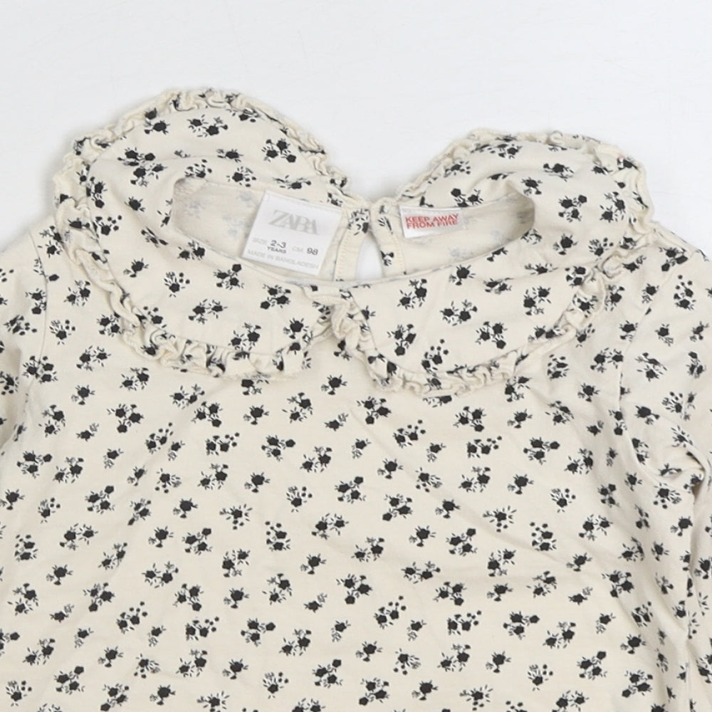 Zara Girls White Floral Cotton Basic Blouse Size 2-3 Years Collared Button