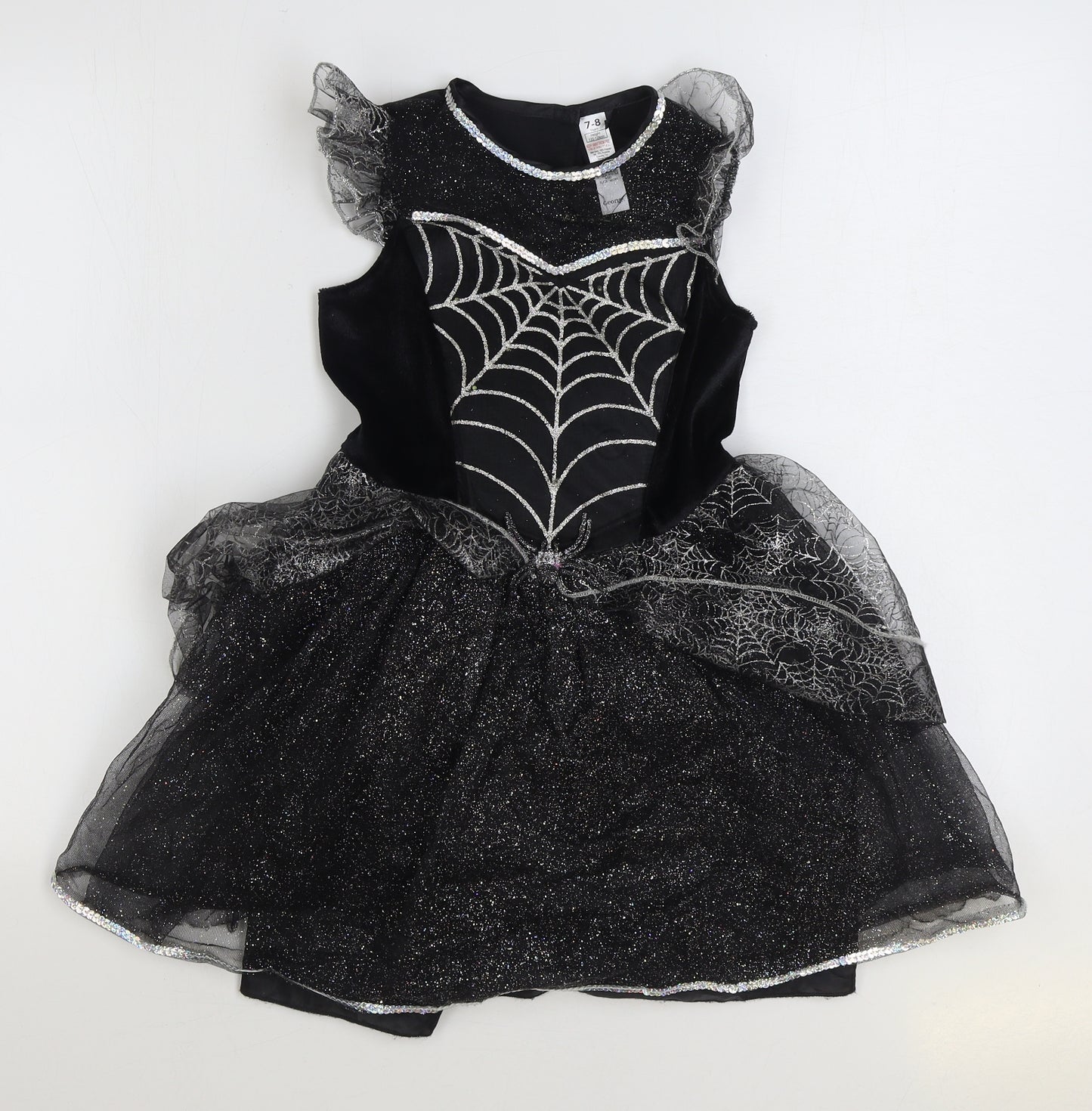 George Girls Black Geometric Polyester Ball Gown Size 7-8 Years Round Neck Hook & Loop - Spiderweb Costume