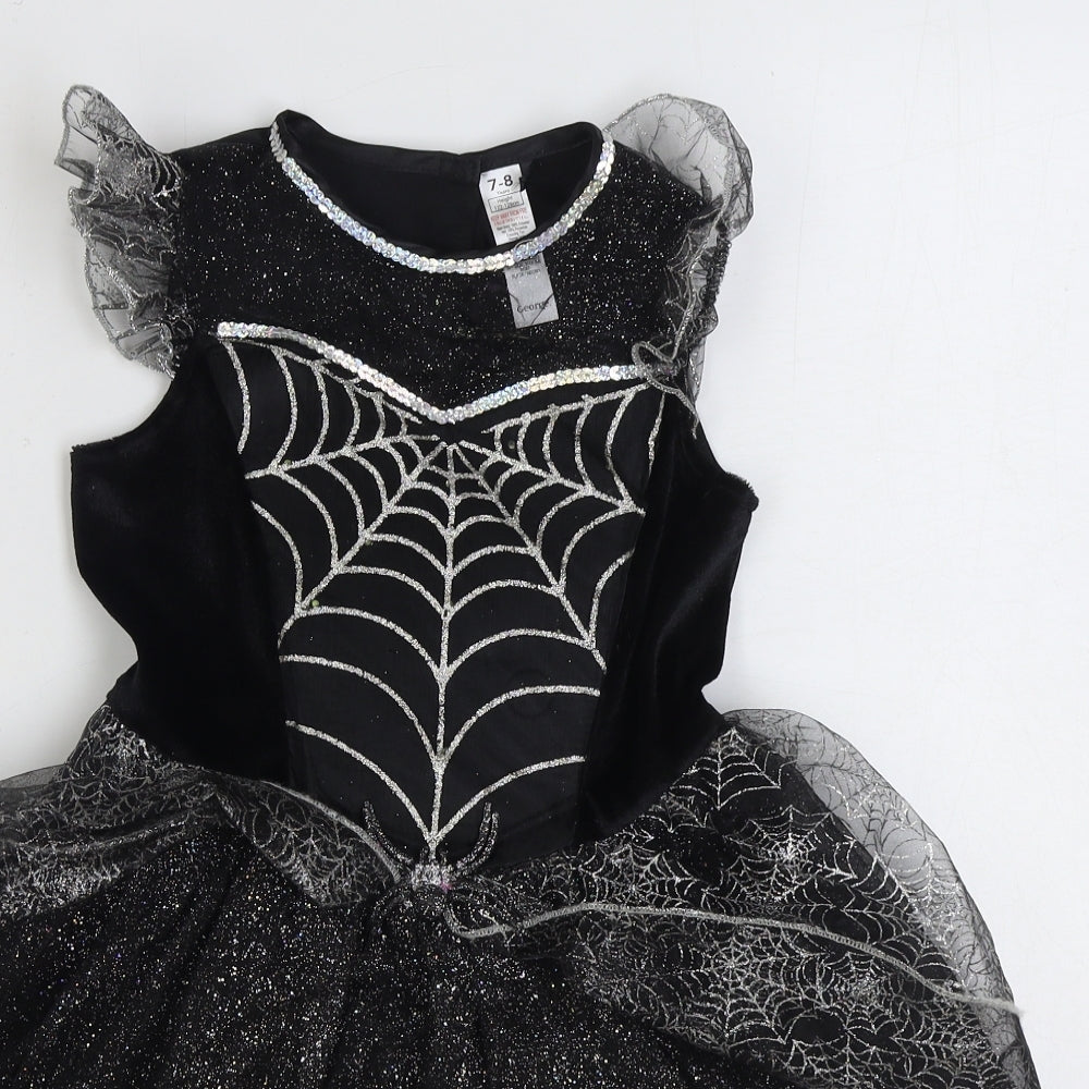 George Girls Black Geometric Polyester Ball Gown Size 7-8 Years Round Neck Hook & Loop - Spiderweb Costume