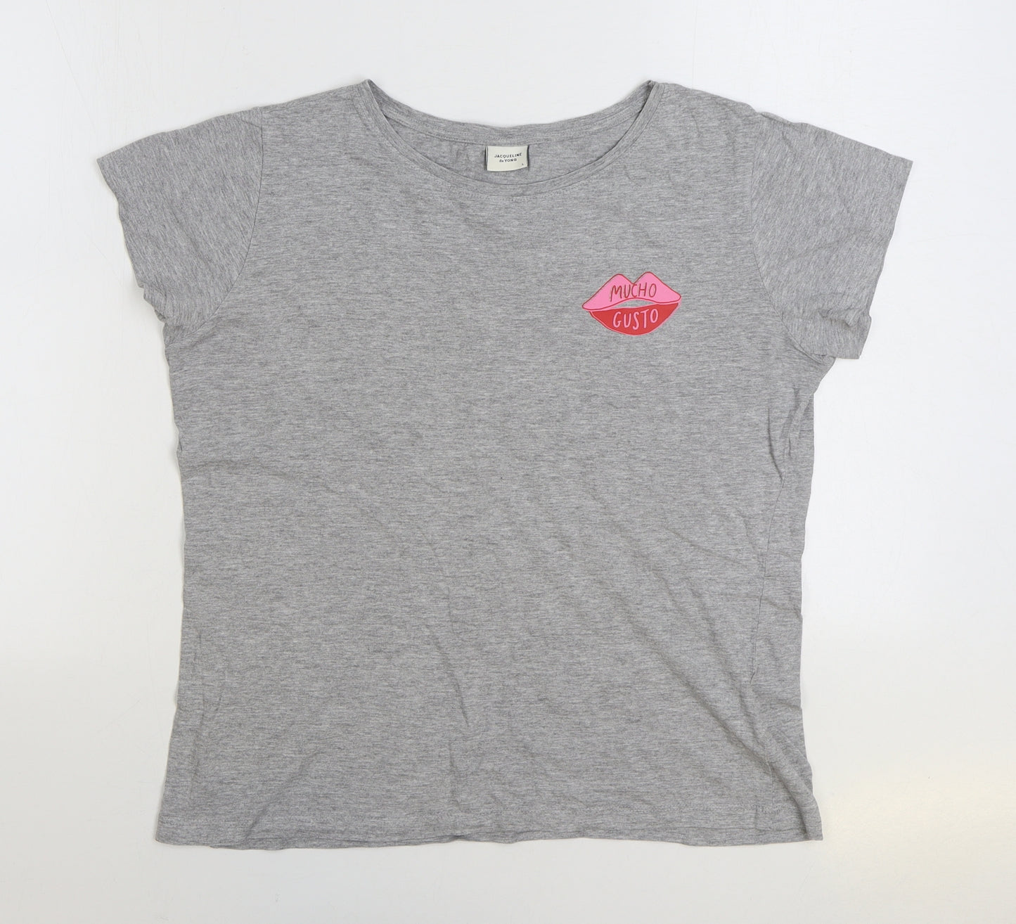 Jaqueline de Yong Womens Grey Cotton Basic T-Shirt Size L Round Neck - Mucho Gusto