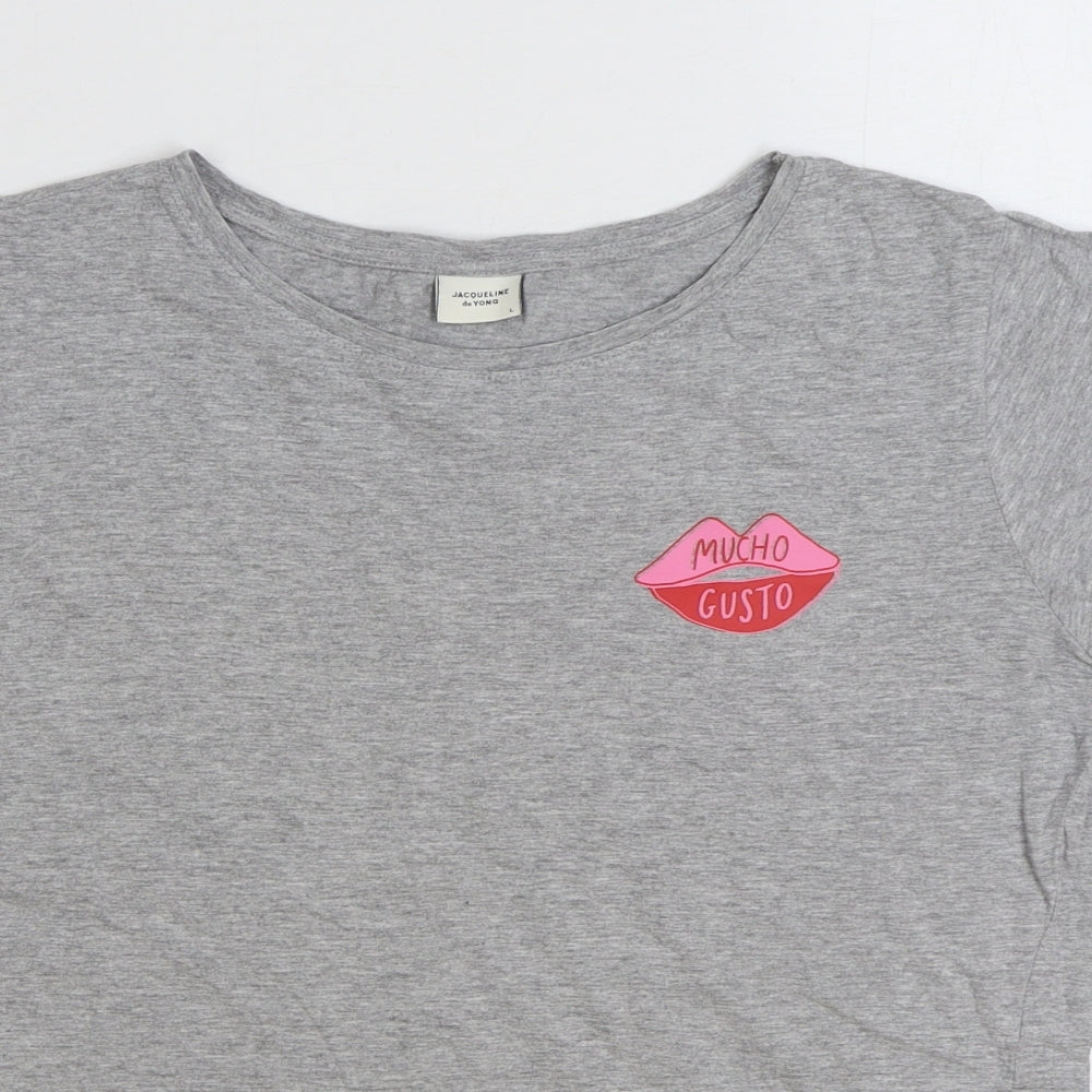 Jaqueline de Yong Womens Grey Cotton Basic T-Shirt Size L Round Neck - Mucho Gusto
