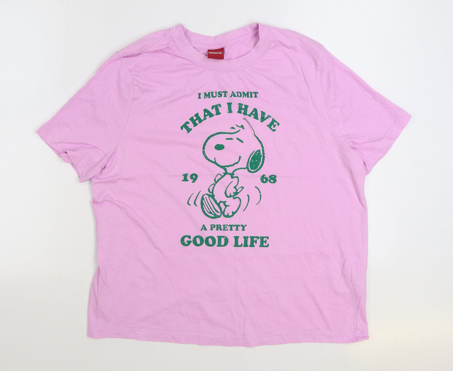 Marks and Spencer Womens Pink 100% Cotton Basic T-Shirt Size 14 Round Neck - Snoopy Slogan