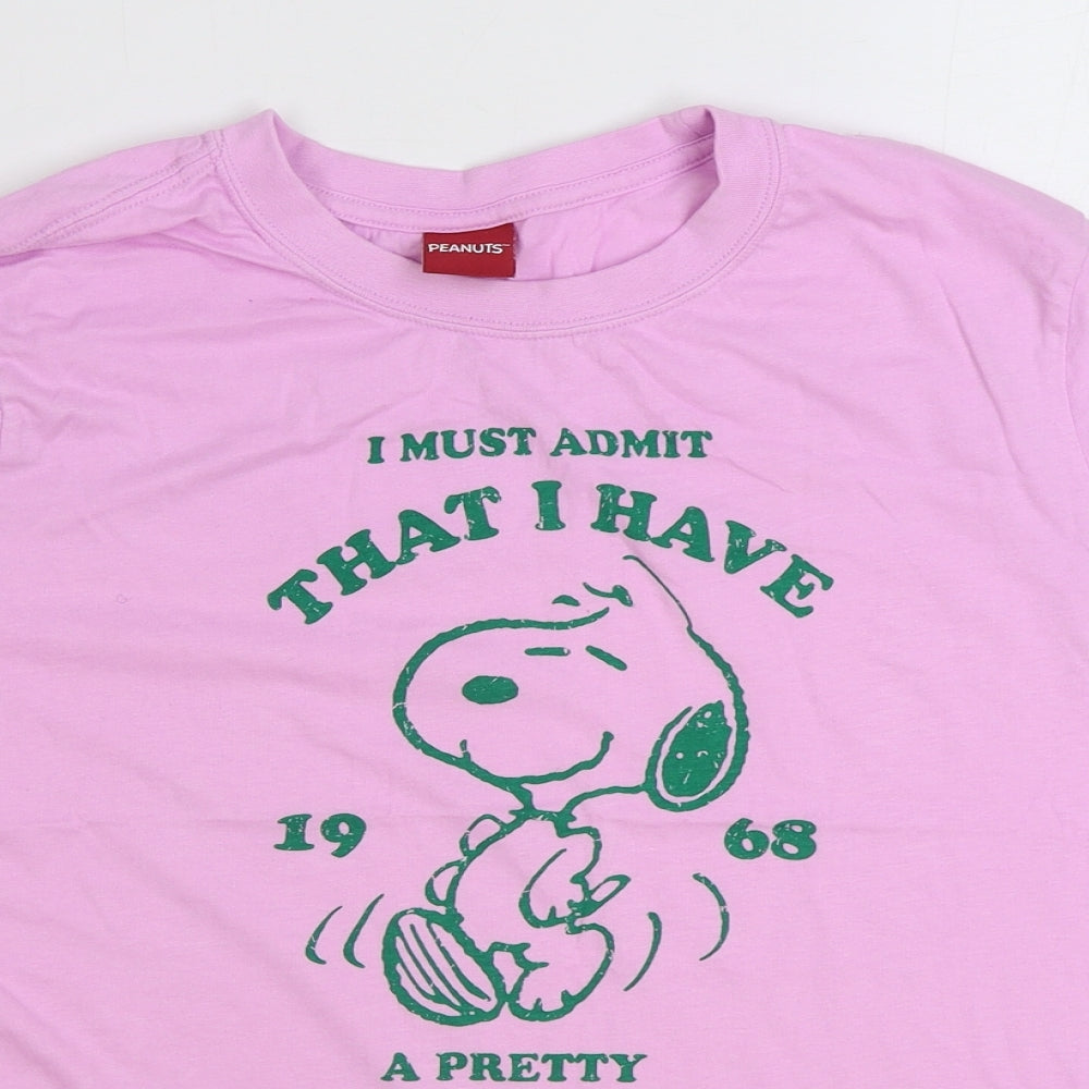 Marks and Spencer Womens Pink 100% Cotton Basic T-Shirt Size 14 Round Neck - Snoopy Slogan