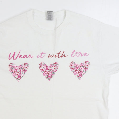 Wear It With Love Womens White 100% Cotton Basic T-Shirt Size M Round Neck - Hearts