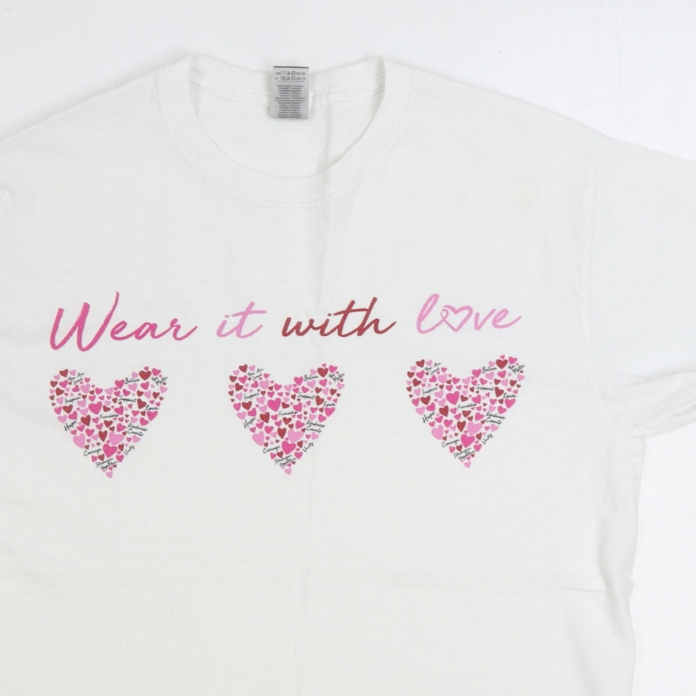 Wear It With Love Womens White 100% Cotton Basic T-Shirt Size M Round Neck - Hearts