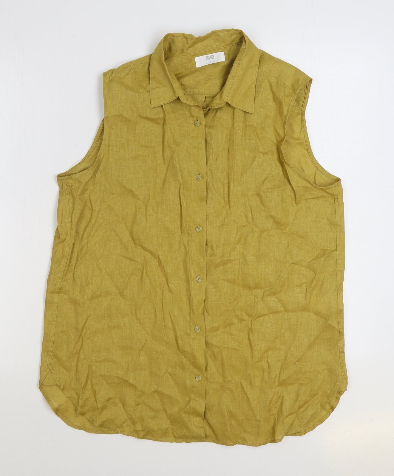 UNI QLO Womens Yellow Linen Basic Button-Up Size L Collared