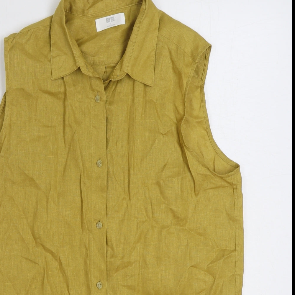 UNI QLO Womens Yellow Linen Basic Button-Up Size L Collared