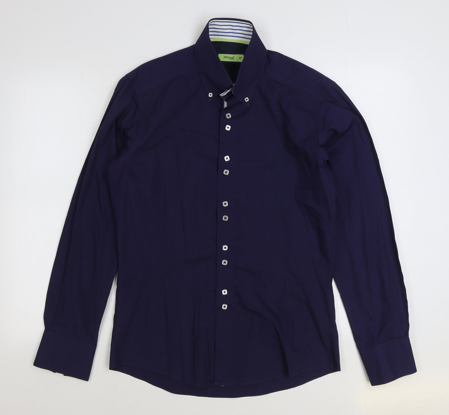 Remus Uomo Mens Blue 100% Cotton Dress Shirt Size 15.5 Collared Button
