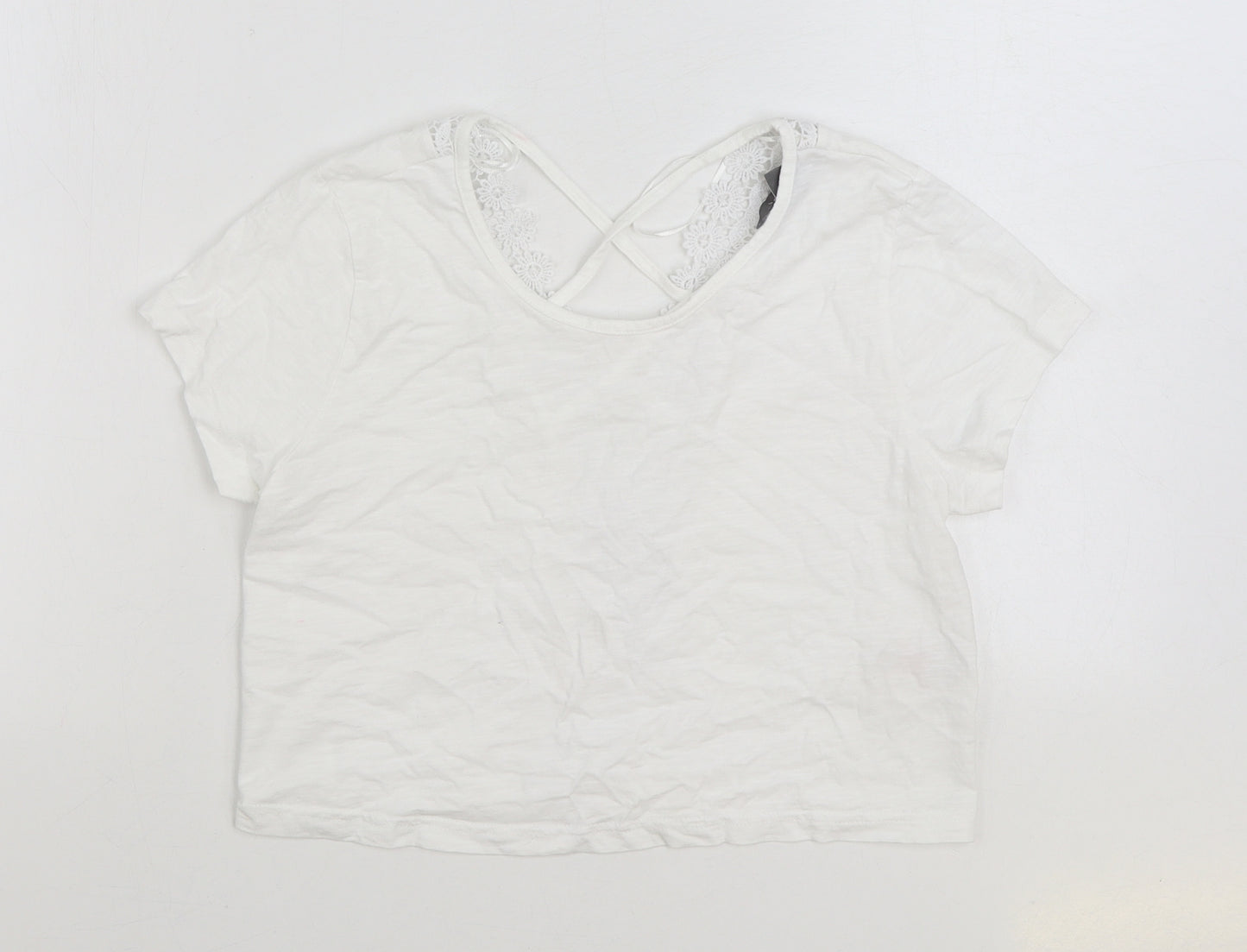 Primark Womens White Polyester Basic T-Shirt Size 14 Round Neck - Lace Detail