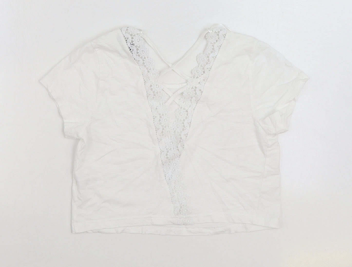 Primark Womens White Polyester Basic T-Shirt Size 14 Round Neck - Lace Detail