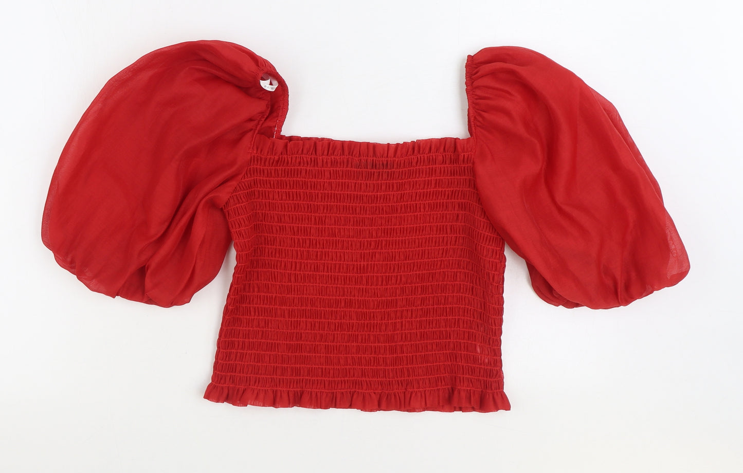 Primark Womens Red Polyester Cropped Blouse Size 12 Square Neck - Shirred Puffer Sleeve
