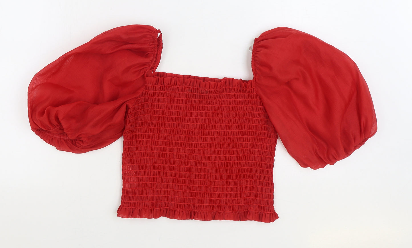 Primark Womens Red Polyester Cropped Blouse Size 12 Square Neck - Shirred Puffer Sleeve