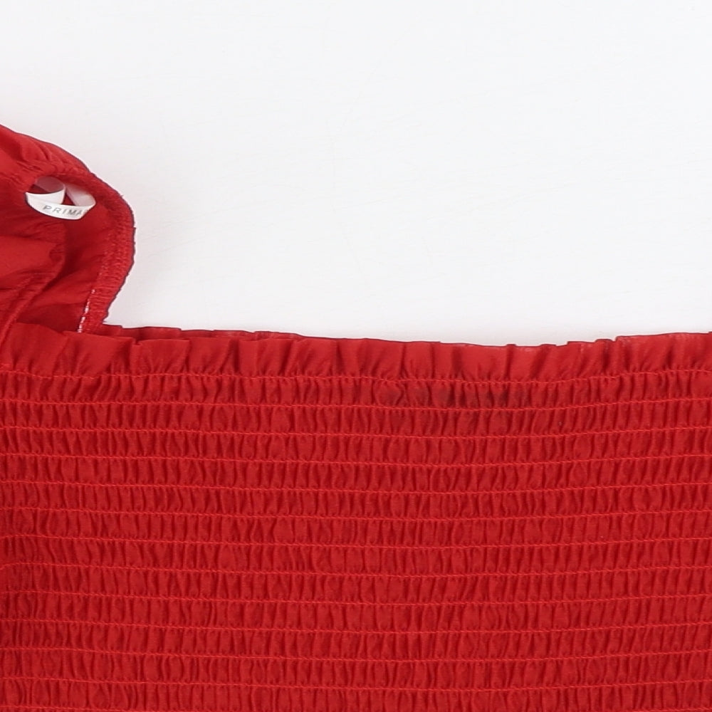 Primark Womens Red Polyester Cropped Blouse Size 12 Square Neck - Shirred Puffer Sleeve