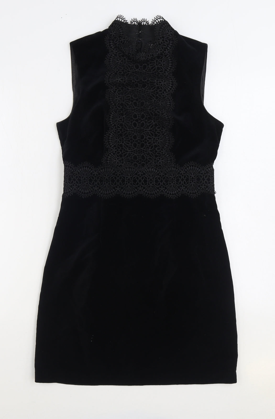 Warehouse Womens Black Cotton Sheath Size 10 High Neck Zip - Lace Detail