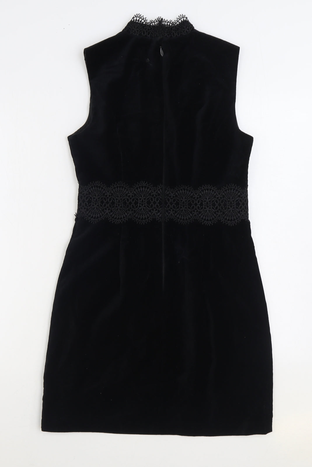 Warehouse Womens Black Cotton Sheath Size 10 High Neck Zip - Lace Detail