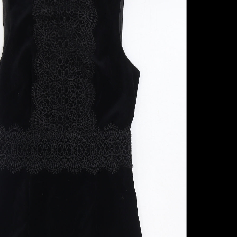 Warehouse Womens Black Cotton Sheath Size 10 High Neck Zip - Lace Detail