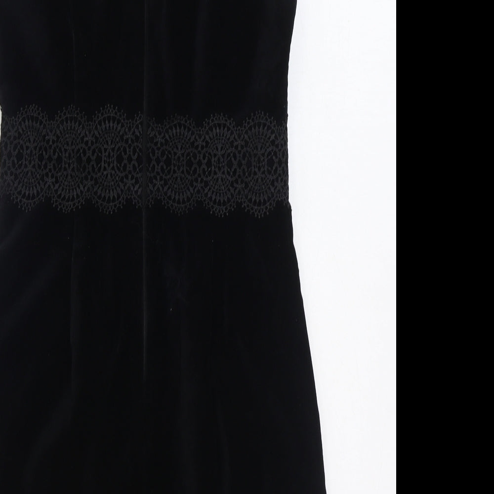 Warehouse Womens Black Cotton Sheath Size 10 High Neck Zip - Lace Detail