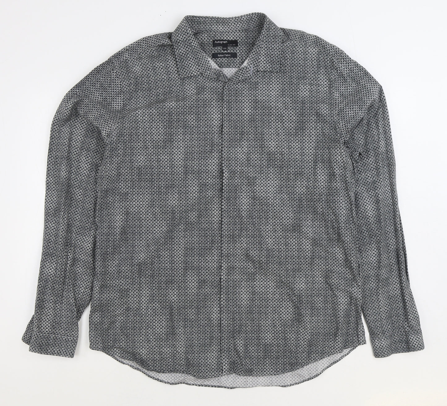 Marks and Spencer Mens Grey Geometric Cotton Button-Up Size 2XL Collared Button