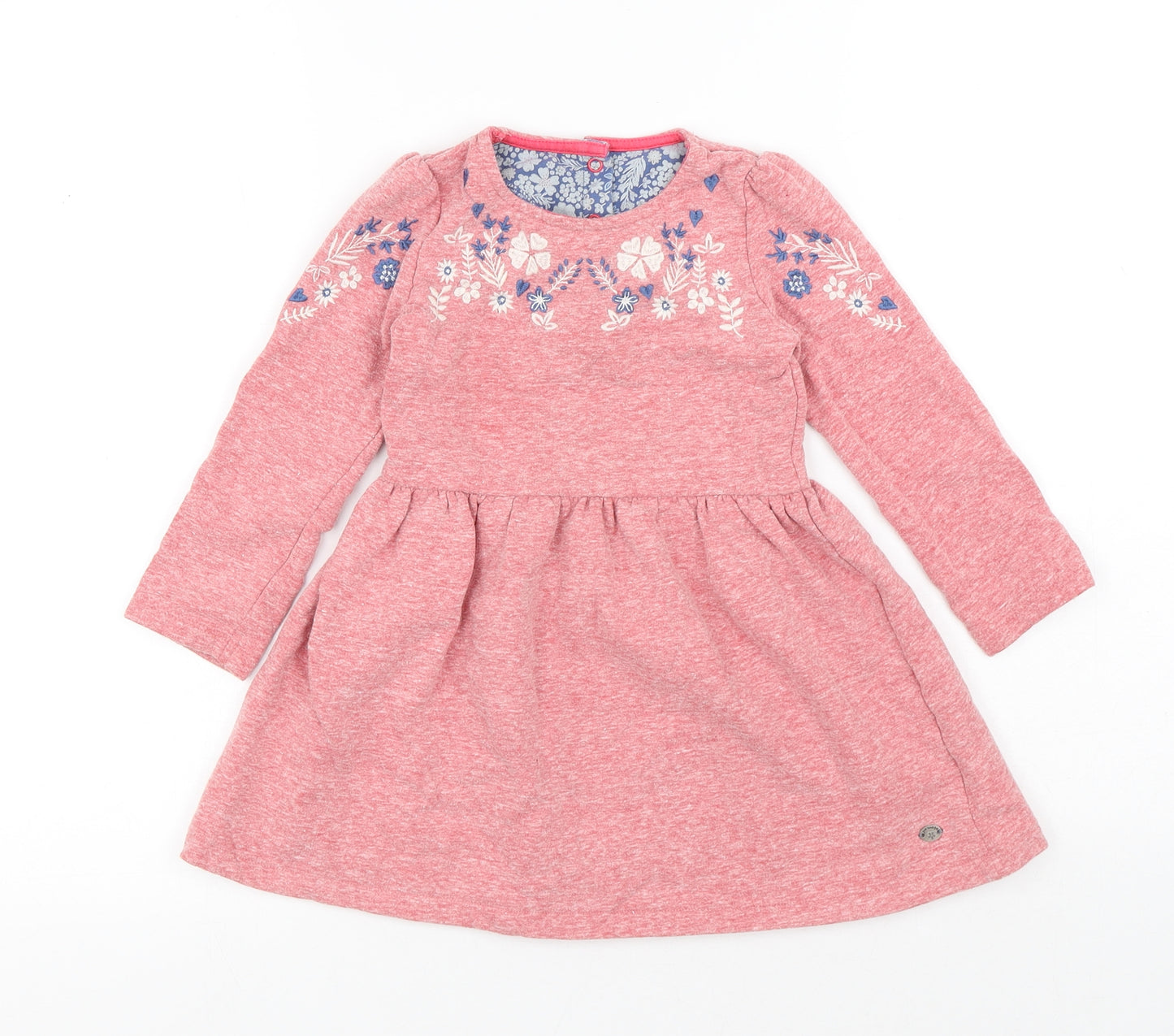 Preworn Girls Pink Floral Cotton A-Line Size 2-3 Years Round Neck Button - Flowers