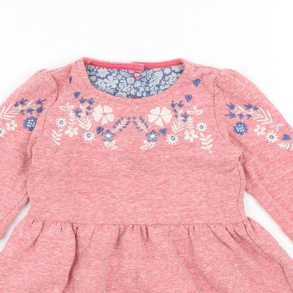 Preworn Girls Pink Floral Cotton A-Line Size 2-3 Years Round Neck Button - Flowers