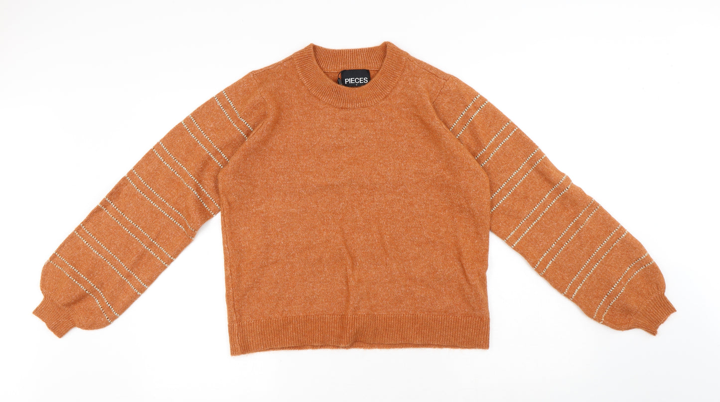 Pieces Womens Orange Round Neck Polyester Pullover Jumper Size M - Stripes