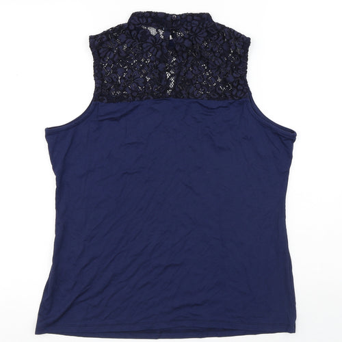 TU Womens Blue Floral Polyamide Basic Tank Size 14 High Neck - Flowers