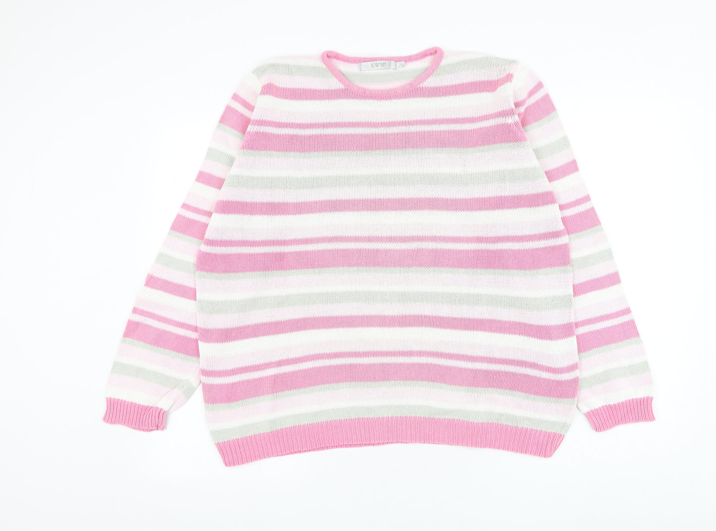 EWM Womens Pink Round Neck Striped Cotton Pullover Jumper Size 18