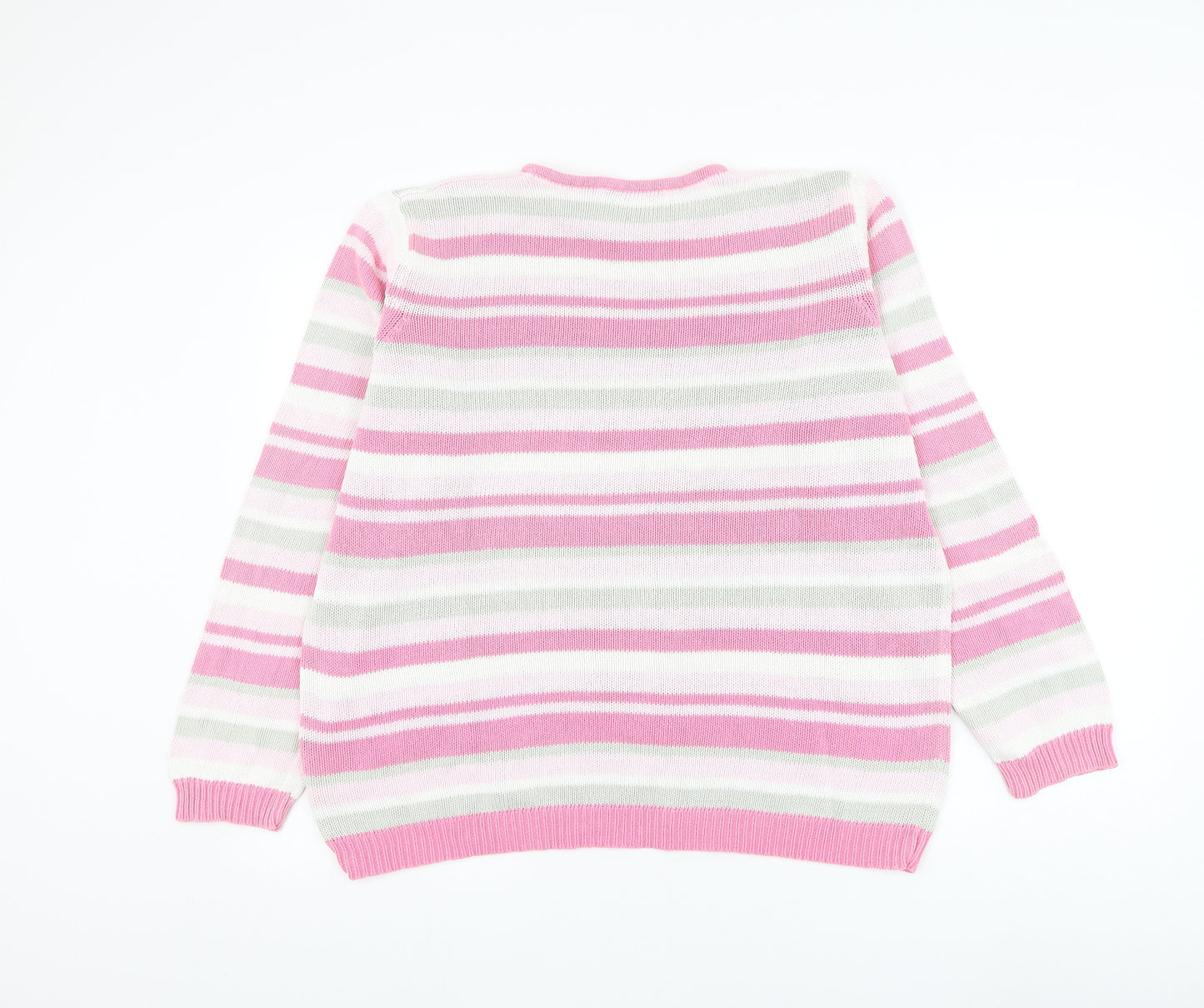 EWM Womens Pink Round Neck Striped Cotton Pullover Jumper Size 18