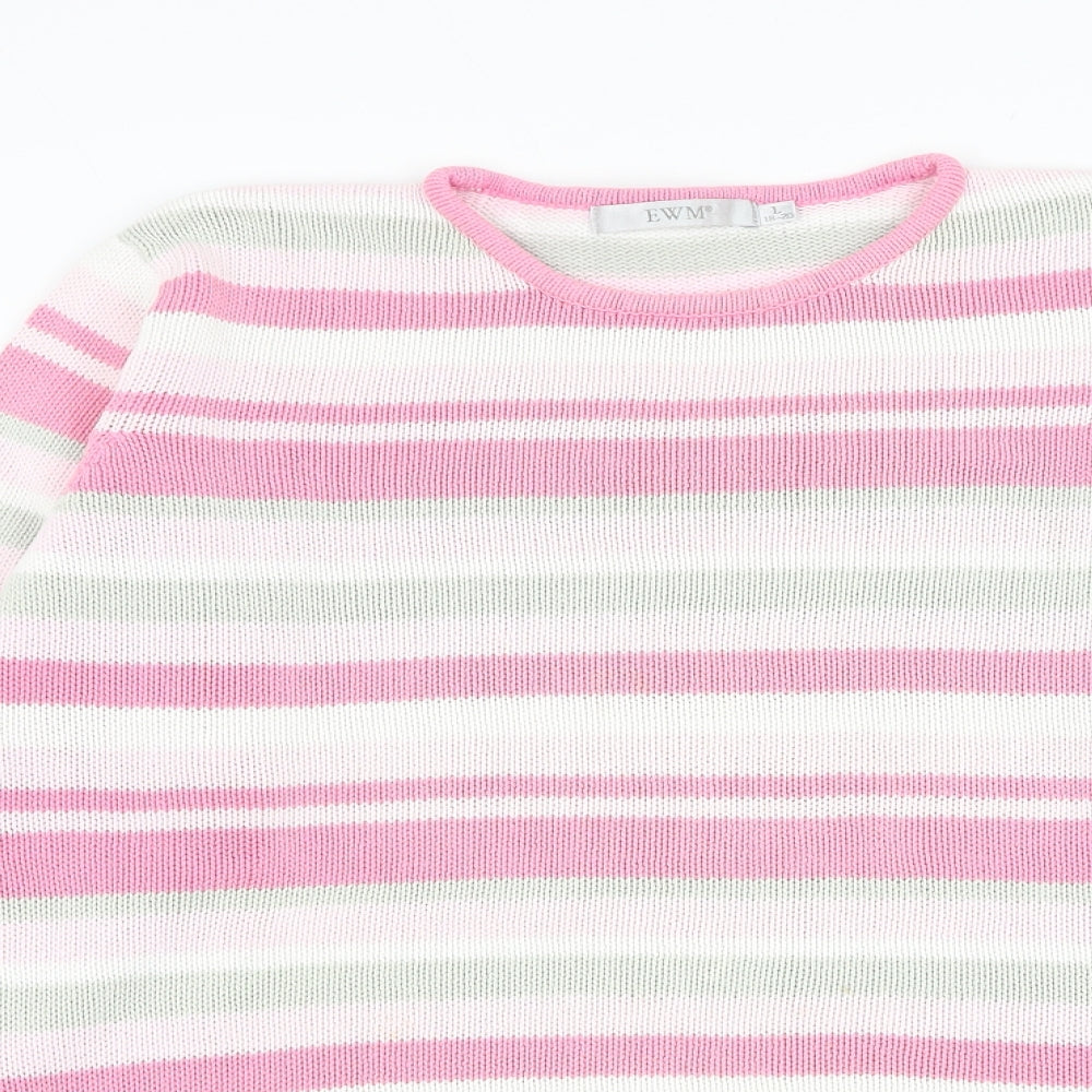 EWM Womens Pink Round Neck Striped Cotton Pullover Jumper Size 18