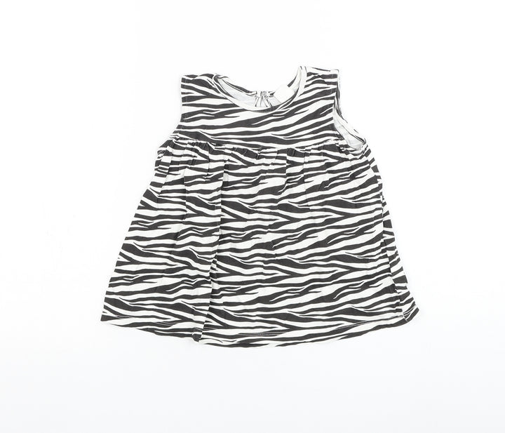 H&M Girls White Animal Print Cotton Basic Blouse Size 2-3 Years Round Neck Button - Zebra Print