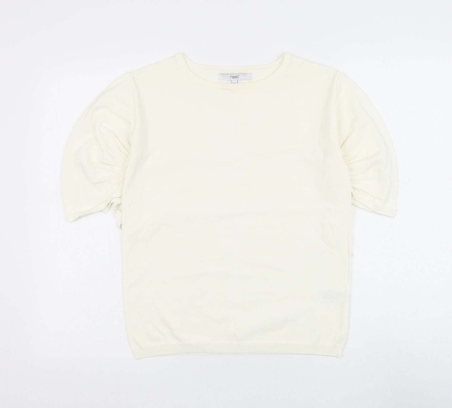 NEXT Womens White Viscose Basic T-Shirt Size 8 Round Neck - Ruched Sleeve