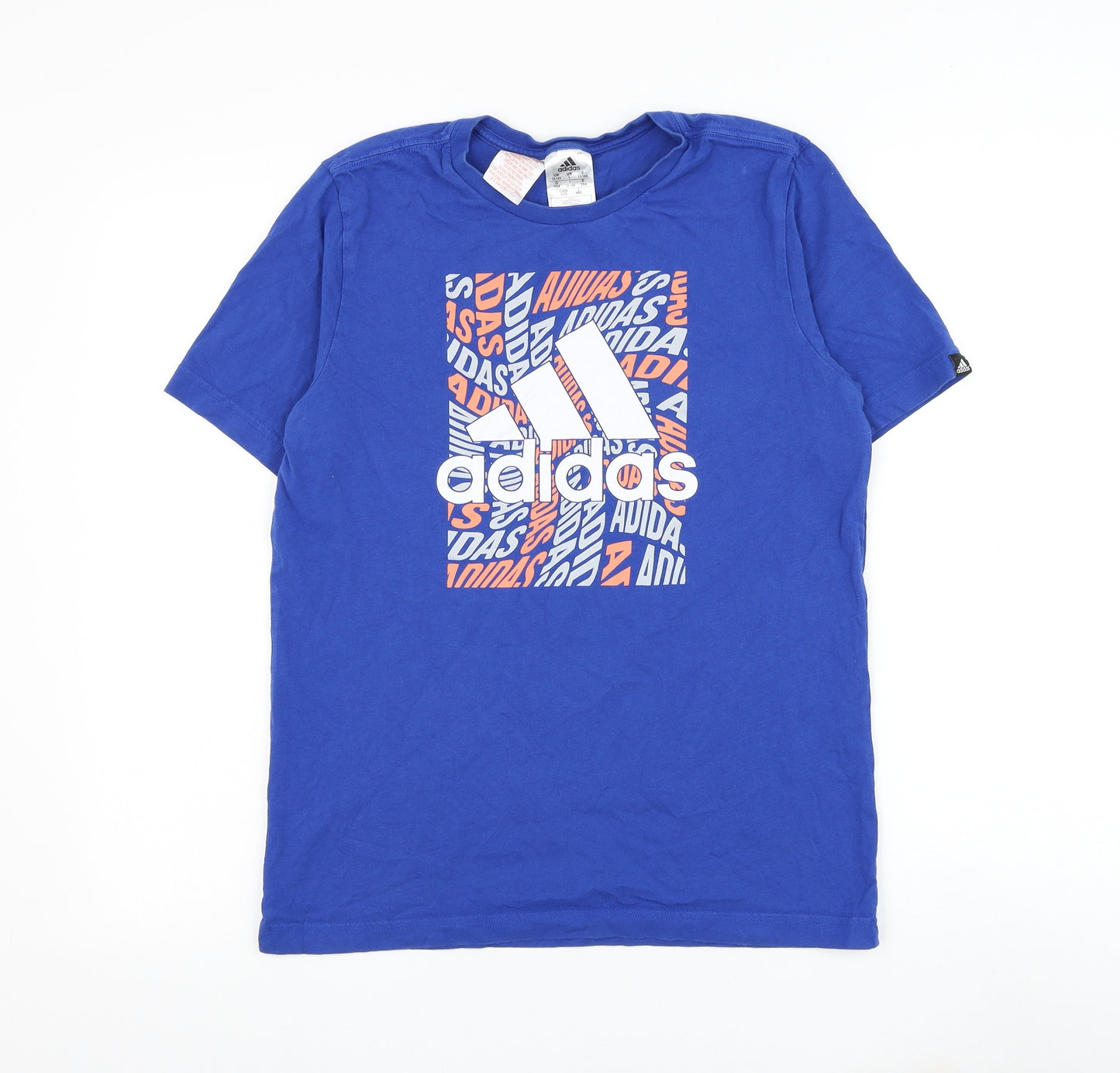 adidas Boys Blue Cotton Basic T-Shirt Size 13-14 Years Round Neck Pullover