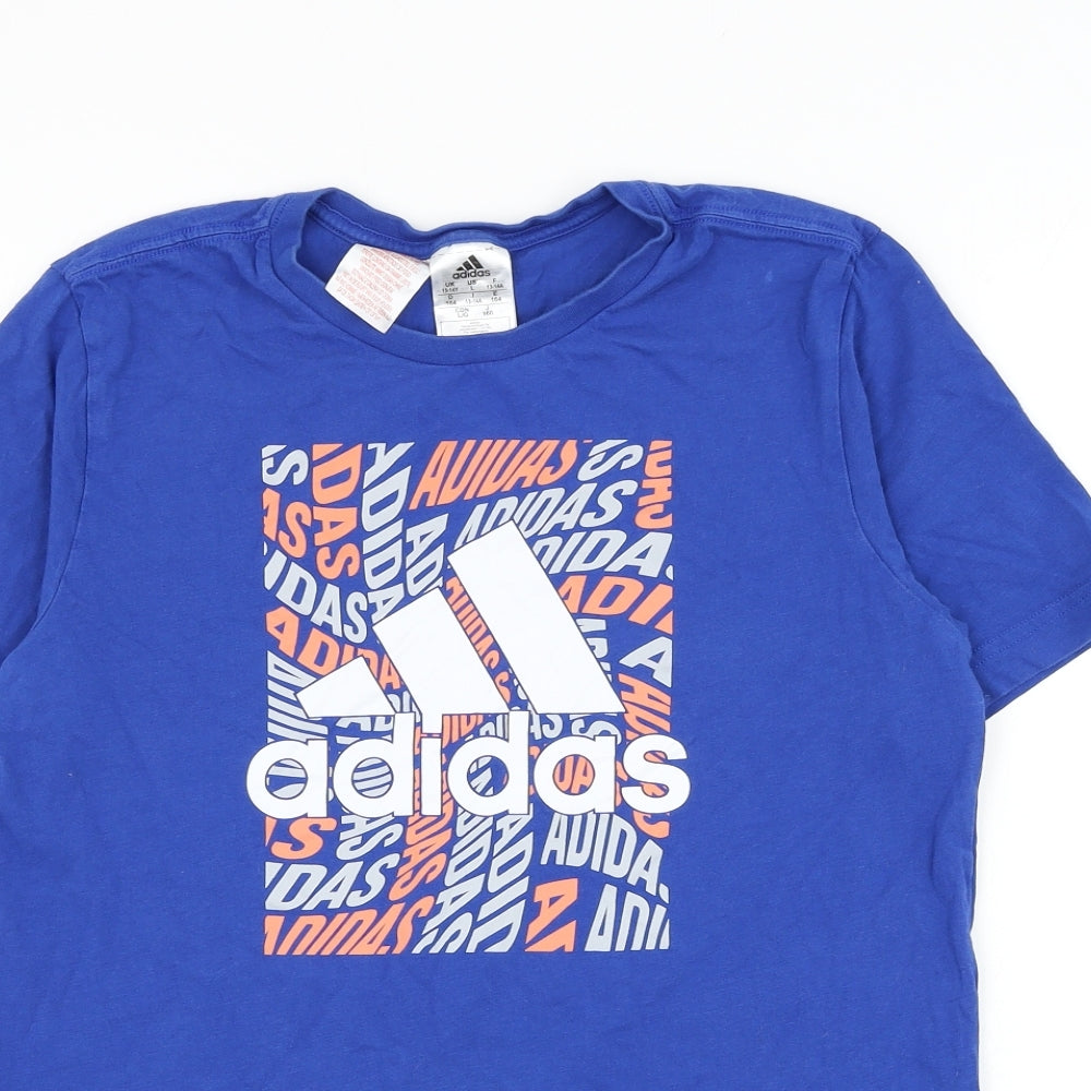 adidas Boys Blue Cotton Basic T-Shirt Size 13-14 Years Round Neck Pullover